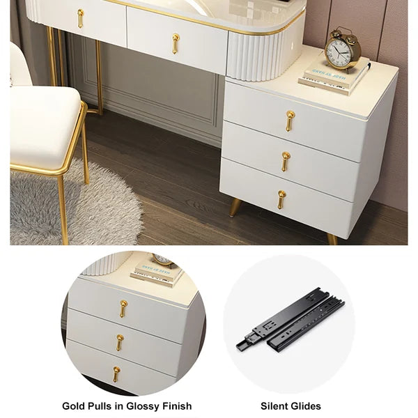 Modern White Oval Extendable Makeup Vanity with 5-Drawer Side Cabinet Included