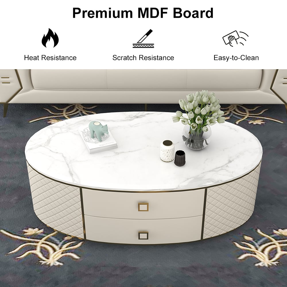 Modern White Oval Sintered Stone Top Coffee Table Microfiber Leather with 2 Drawers