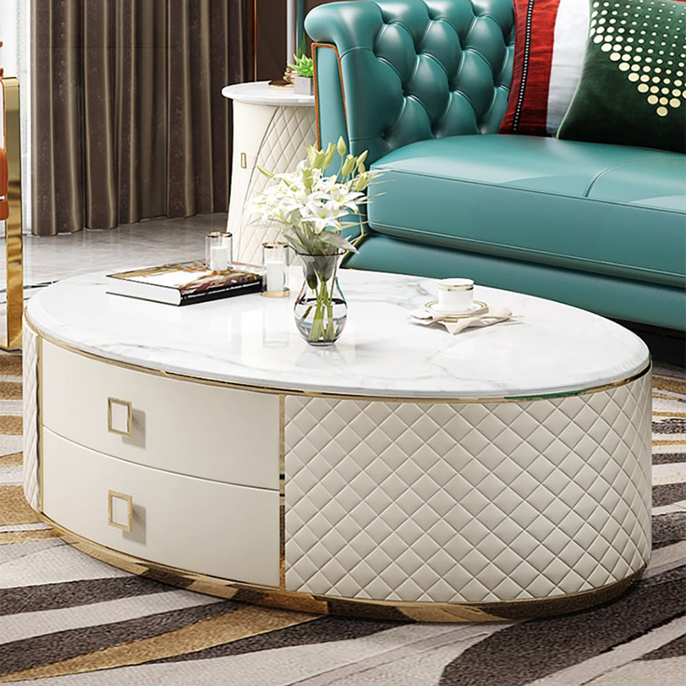 Modern White Oval Sintered Stone Top Coffee Table Microfiber Leather with 2 Drawers