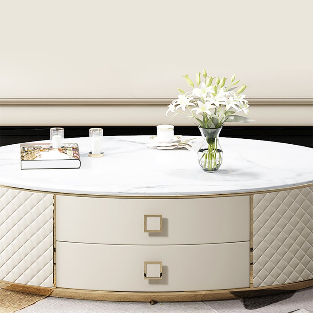 Modern White Oval Sintered Stone Top Coffee Table Microfiber Leather with 2 Drawers