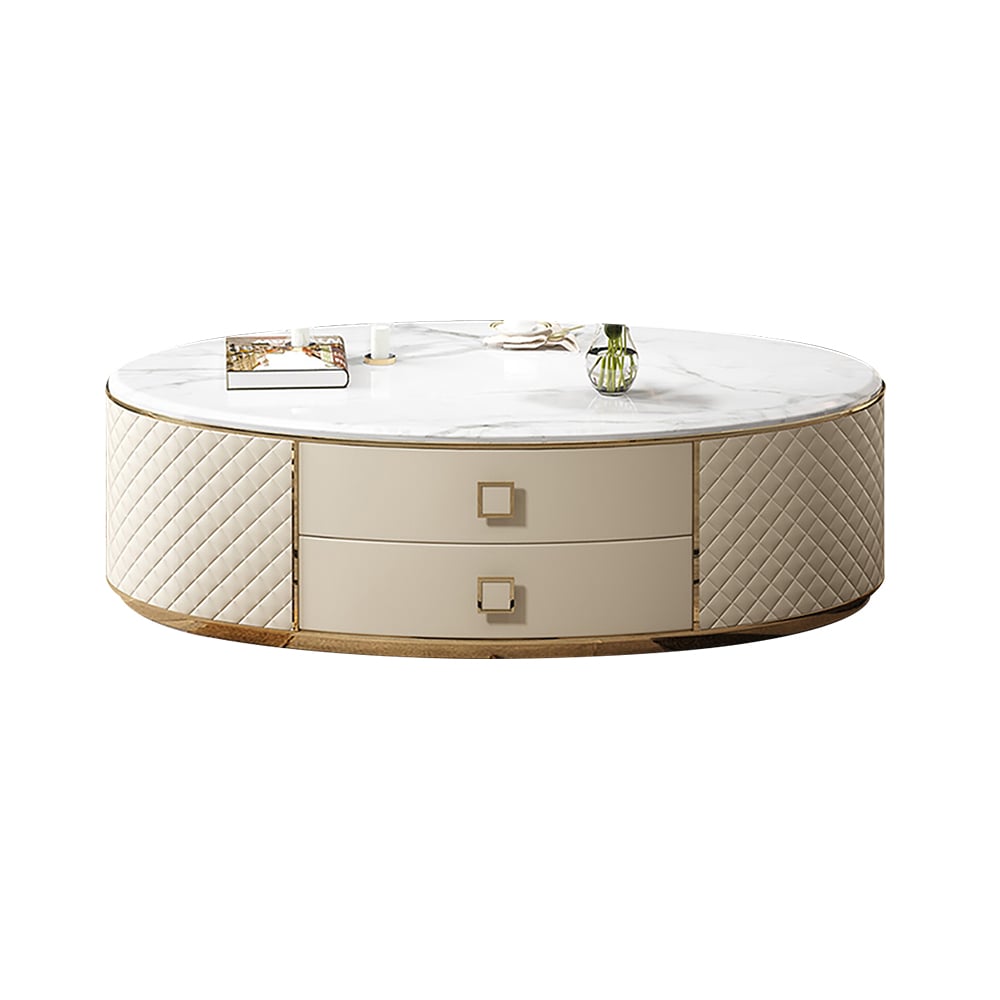 Modern White Oval Sintered Stone Top Coffee Table Microfiber Leather with 2 Drawers