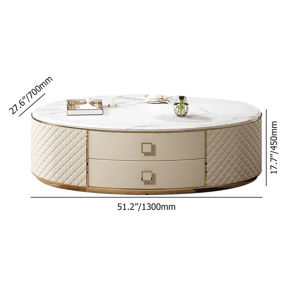 Modern White Oval Sintered Stone Top Coffee Table Microfiber Leather with 2 Drawers