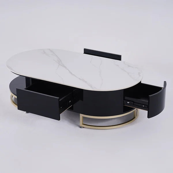 Modern White Oval Storage Coffee Table with Drawers Sintered Stone Gold Base