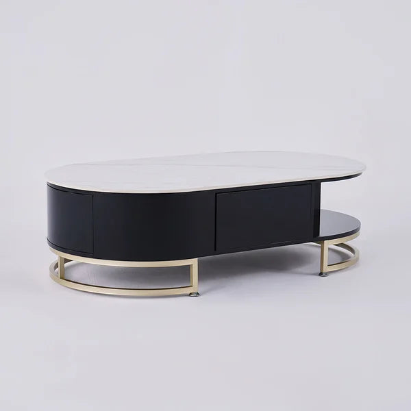 Table basse de rangement ovale blanche moderne avec tiroirs, base en pierre frittée dorée