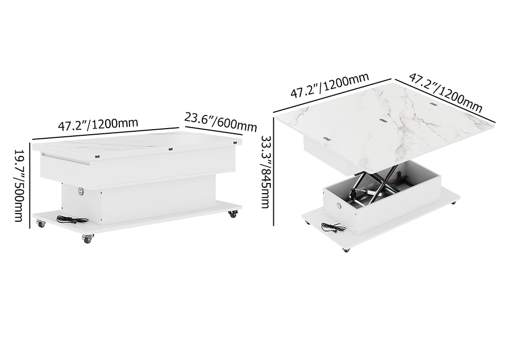 Modern White Power Lift Height Multifunctional Coffee Table Extendable 2 Drawers USB