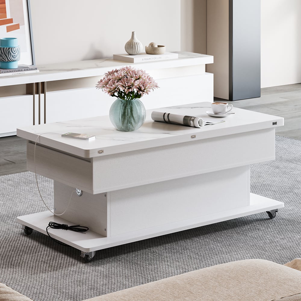 Modern White Power Lift Height Multifunctional Coffee Table Extendable 2 Drawers USB