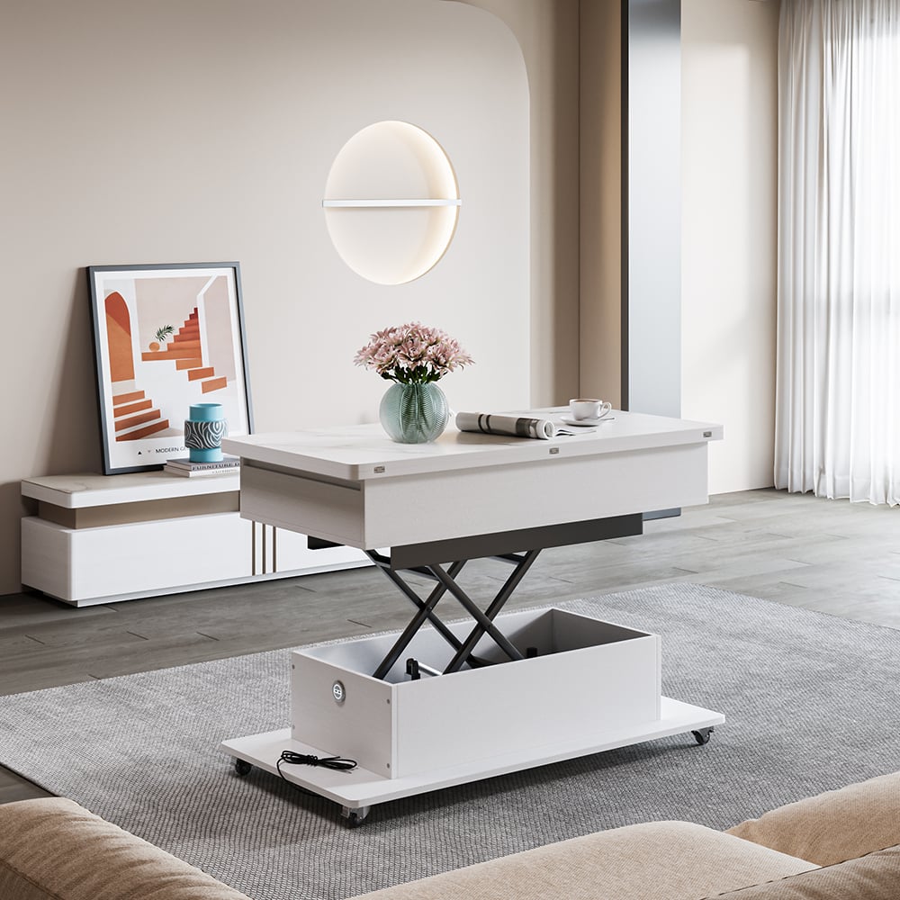 Modern White Power Lift Height Multifunctional Coffee Table Extendable 2 Drawers USB