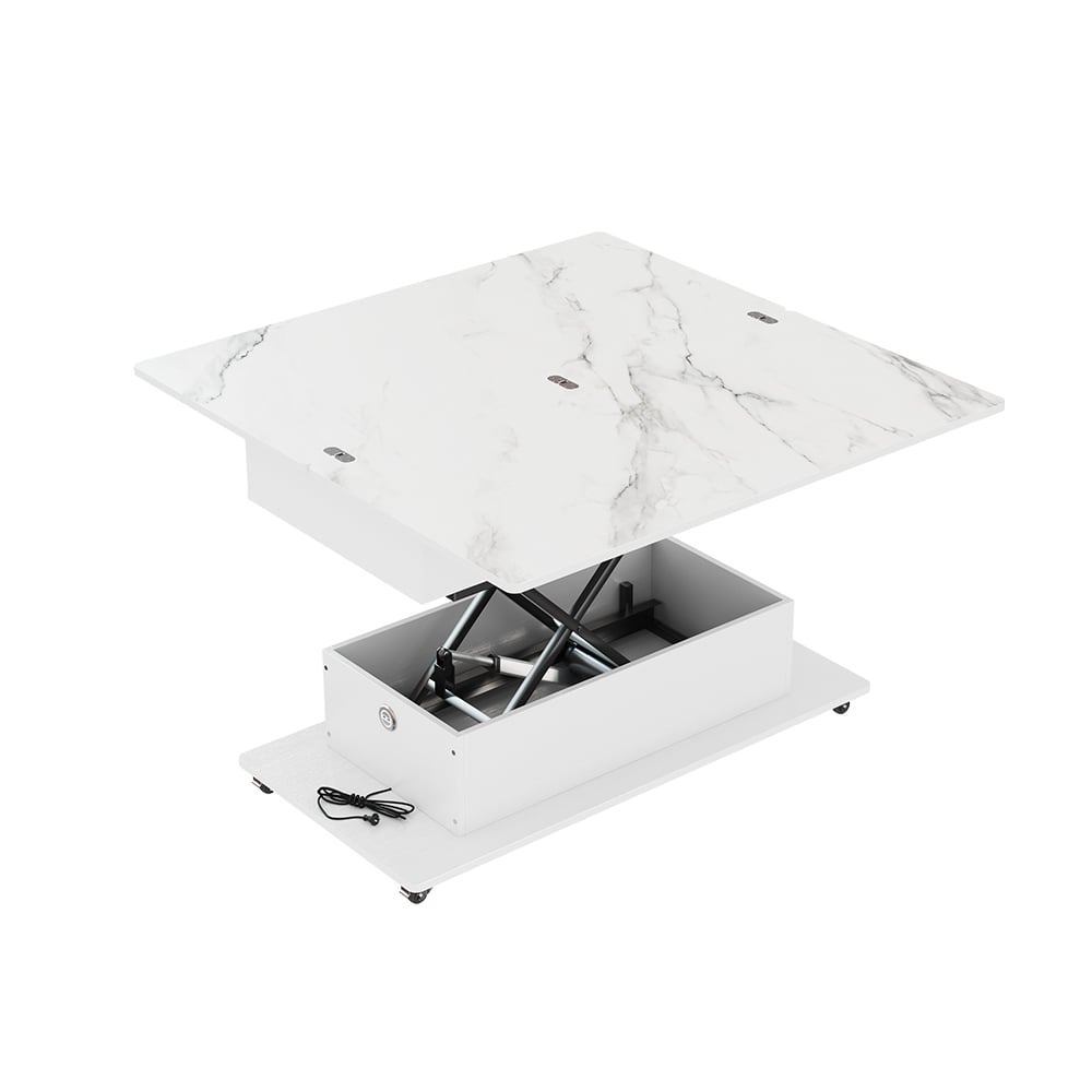 Modern White Power Lift Height Multifunctional Coffee Table Extendable 2 Drawers USB