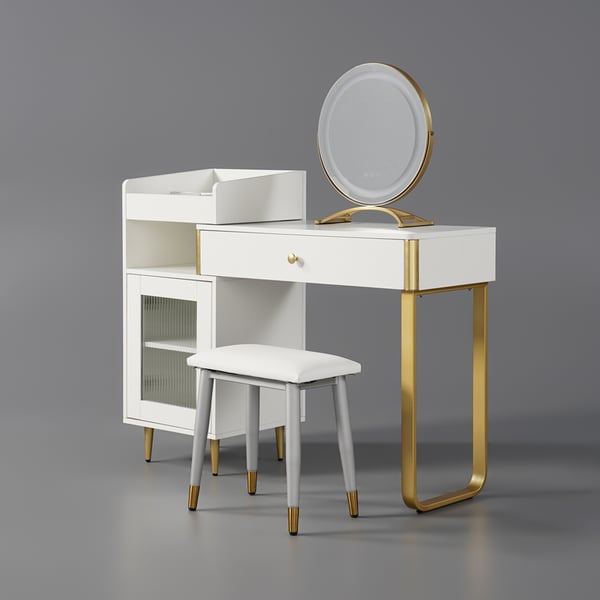 Modern White Retractable Makeup Vanity Set with Side Cabinet Dressing Table with Light