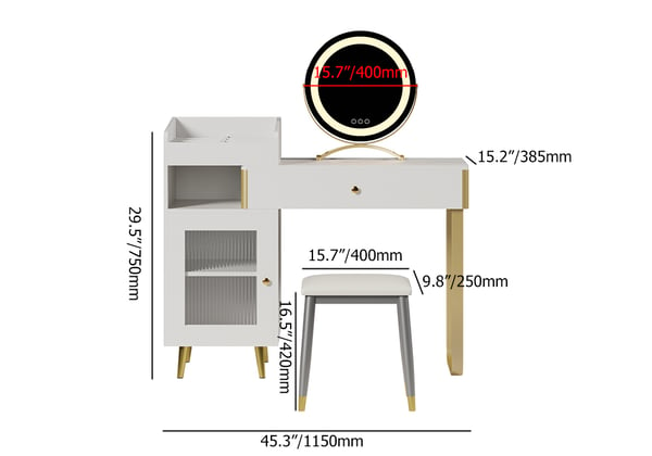 Modern White Retractable Makeup Vanity Set with Side Cabinet Dressing Table with Light