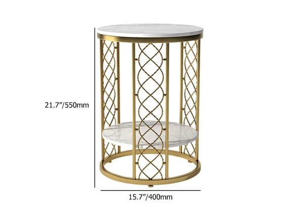 Modern White Round End Table with Storage Marble Side Table Metal in Gold