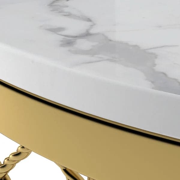 Modern White Round End Table with Storage Marble Side Table Metal in Gold