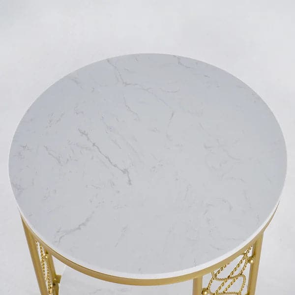 Modern White Round End Table with Storage Marble Side Table Metal in Gold