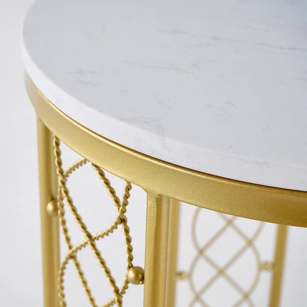 Modern White Round End Table with Storage Marble Side Table Metal in Gold