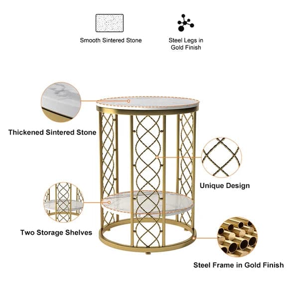 Modern White Round End Table with Storage Marble Side Table Metal in Gold