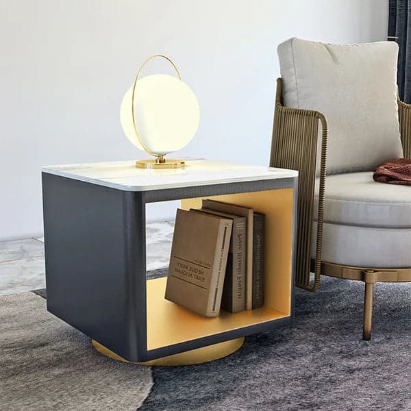 Modern White Side Table with Storage Hollow Cube Table with Gold Metal Pedestal