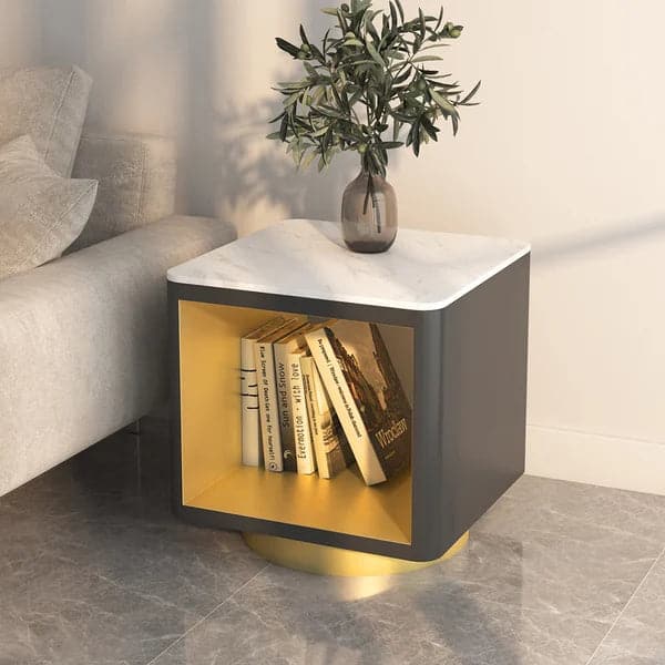 Modern White Side Table with Storage Hollow Cube Table with Gold Metal Pedestal