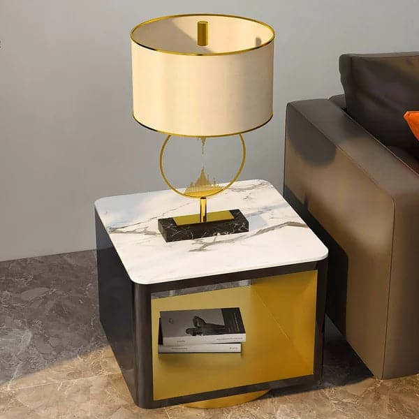 Modern White Side Table with Storage Hollow Cube Table with Gold Metal Pedestal