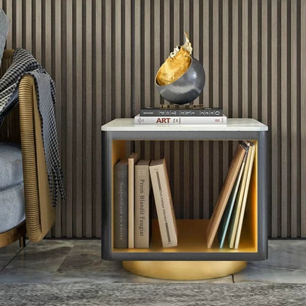 Modern White Side Table with Storage Hollow Cube Table with Gold Metal Pedestal