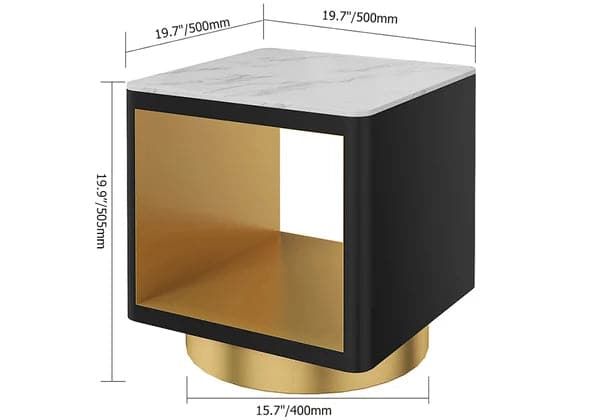 Modern White Side Table with Storage Hollow Cube Table with Gold Metal Pedestal