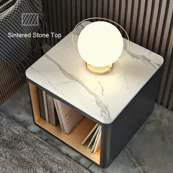 Modern White Side Table with Storage Hollow Cube Table with Gold Metal Pedestal