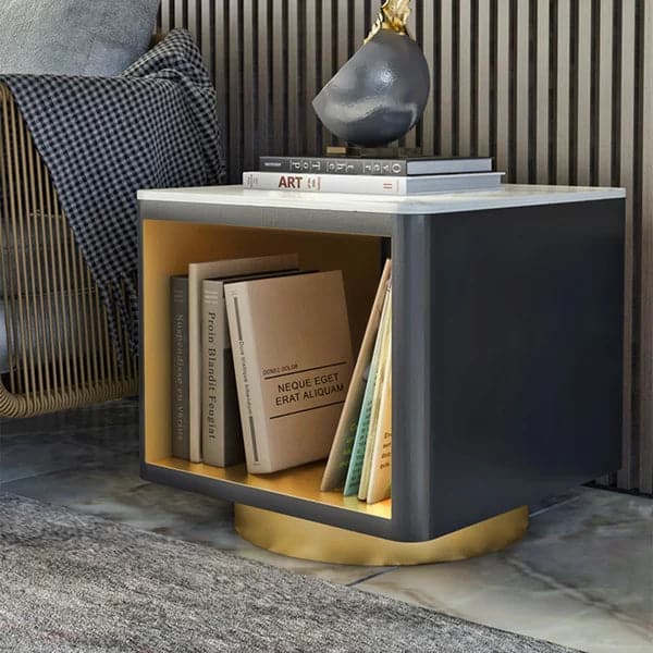 Modern White Side Table with Storage Hollow Cube Table with Gold Metal Pedestal