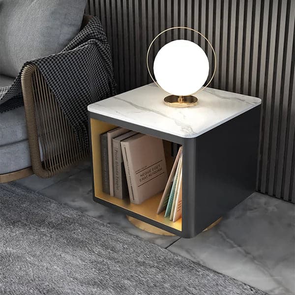 Modern White Side Table with Storage Hollow Cube Table with Gold Metal Pedestal