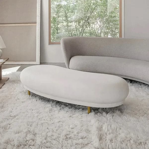 Modern White Velvet Bench Upholstered Curved Bench for End of Bed with Metal Legs