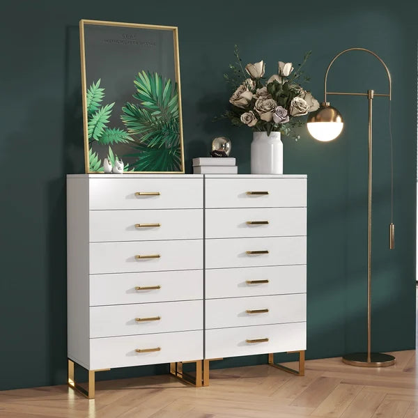 Modern White Wooden Chest with 6-Drawer Gold Legs in Large