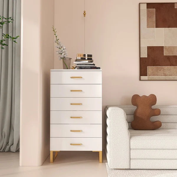 Modern White Wooden Chest with 6-Drawer Gold Legs in Large