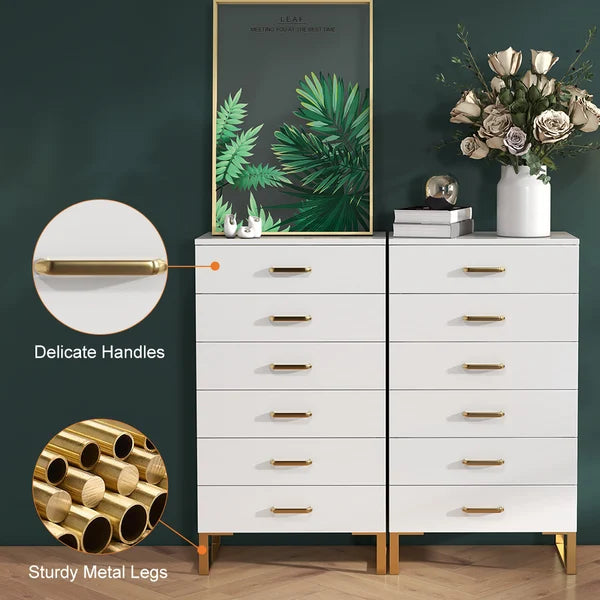 Modern White Wooden Chest with 6-Drawer Gold Legs in Large