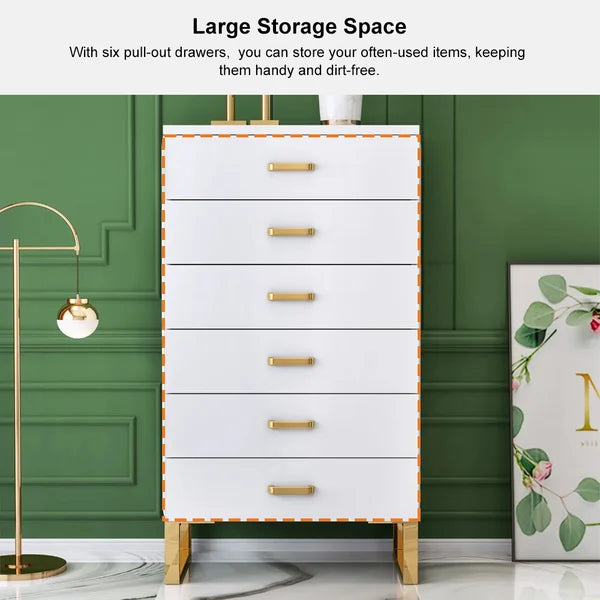 Modern White Wooden Chest with 6-Drawer Gold Legs in Large