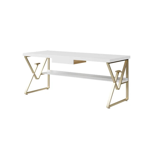 Modern White/Black Writing Desk with Drawer & Shelf Wood Top & Metal Frame#Whtie-S