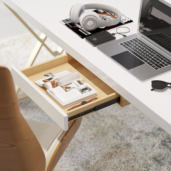 Modern White/Black Writing Desk with Drawer & Shelf Wood Top & Metal Frame#Whtie-S