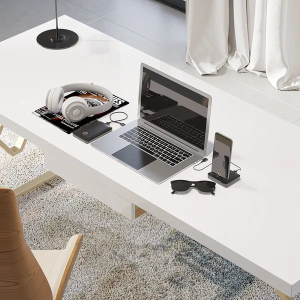 Modern White/Black Writing Desk with Drawer & Shelf Wood Top & Metal Frame#Whtie-S