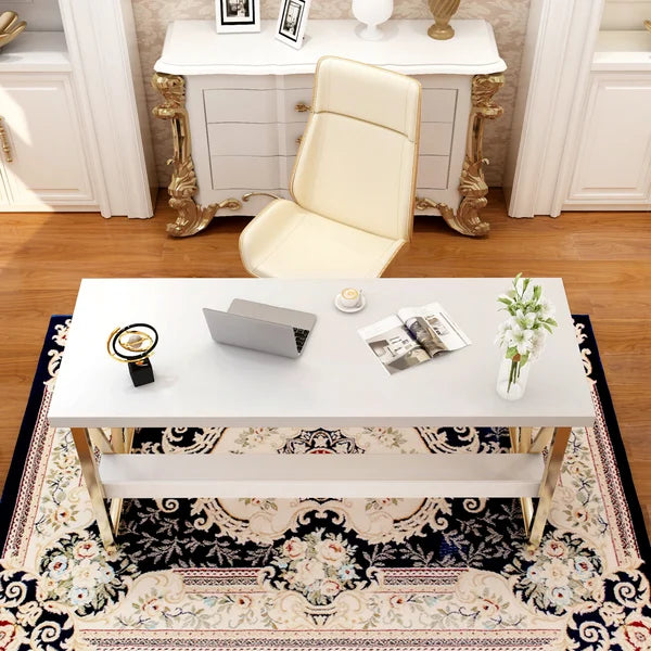 Modern White/Black Writing Desk with Drawer & Shelf Wood Top & Metal Frame#Whtie-S