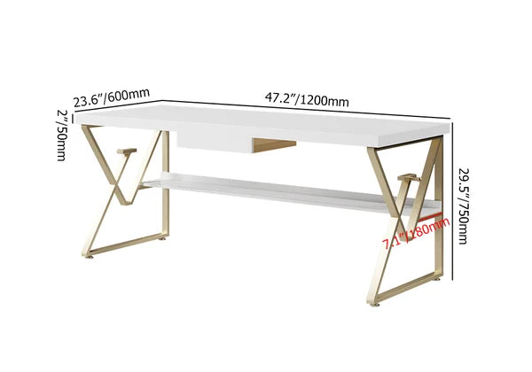 Modern White/Black Writing Desk with Drawer & Shelf Wood Top & Metal Frame#Whtie-S