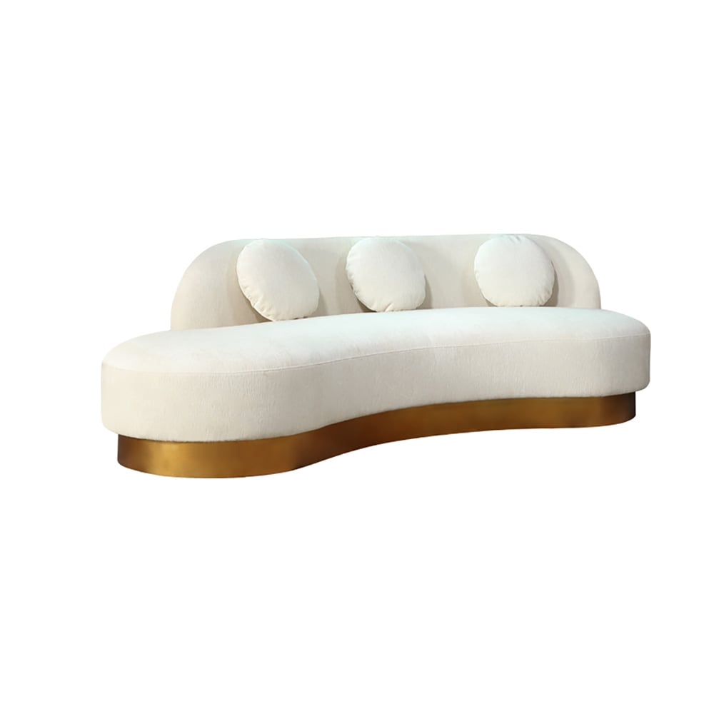 Modern White & Gold Velvet Curved Sofa for 3 Seaters with Pillows & Stainless Steel Base