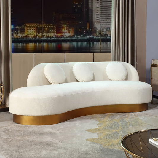 Modern White & Gold Velvet Curved Sofa for 3 Seaters with Pillows & Stainless Steel Base