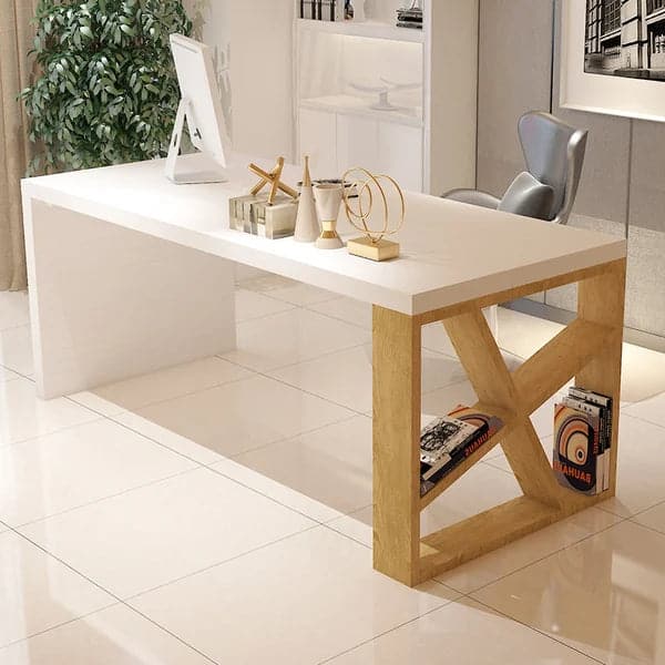 Modern White and Natural Rectangular Writing Desk with Shelves Small