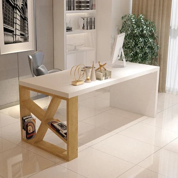 Modern White and Natural Rectangular Writing Desk with Shelves Large