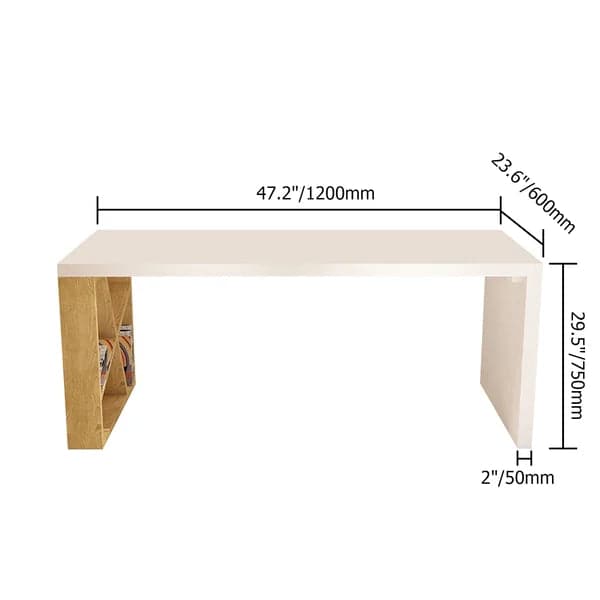 Modern White and Natural Rectangular Writing Desk with Shelves Small