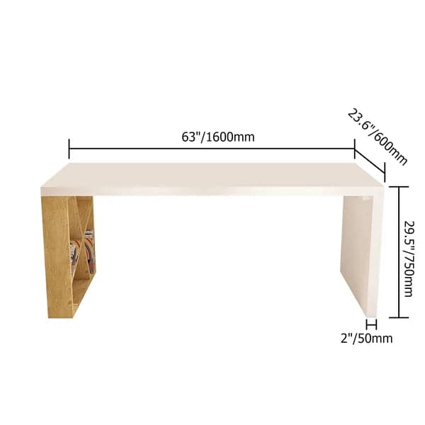 Modern White and Natural Rectangular Writing Desk with Shelves Large