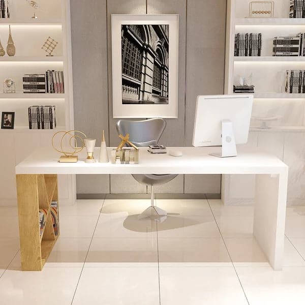 Modern White and Natural Rectangular Writing Desk with Shelves Small