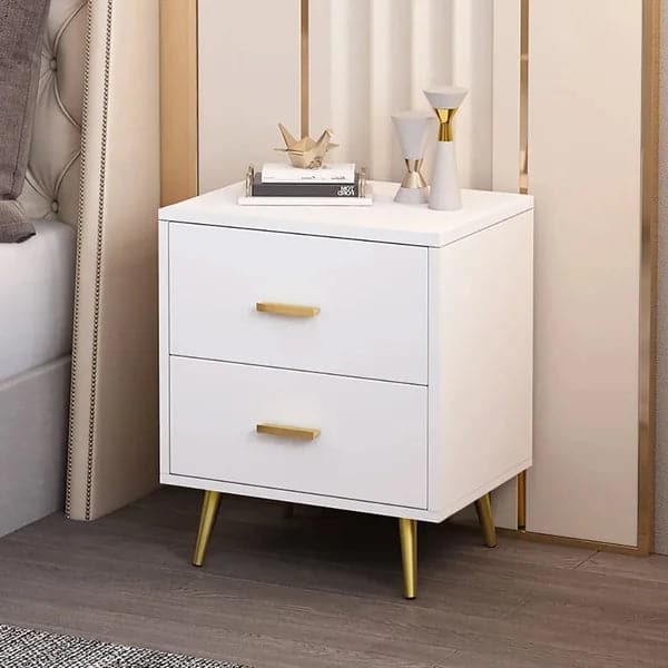 Table de chevet moderne en bois avec pieds dorés, table de chevet à 2 tiroirs en blanc