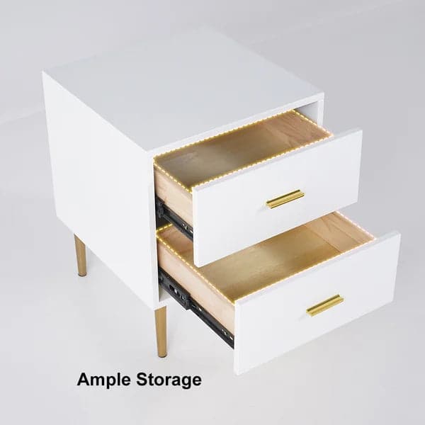 Modern Wood Nightstand with Gold Legs 2-Drawer Bedside Table in White