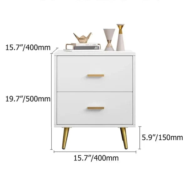Table de chevet moderne en bois avec pieds dorés, table de chevet à 2 tiroirs en blanc
