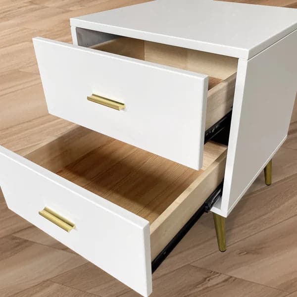 Table de chevet moderne en bois avec pieds dorés, table de chevet à 2 tiroirs en blanc