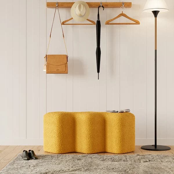 Modern Yellow Entryway Bench Boucle Upholstered Molecule Ottoman Wooden Frame