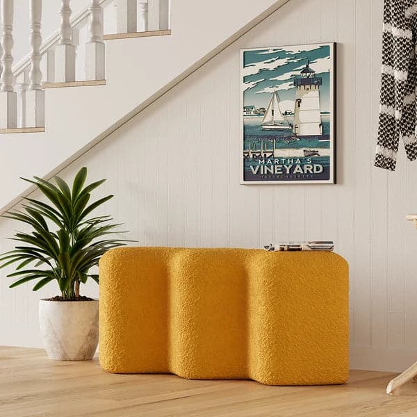 Modern Yellow Entryway Bench Boucle Upholstered Molecule Ottoman Wooden Frame